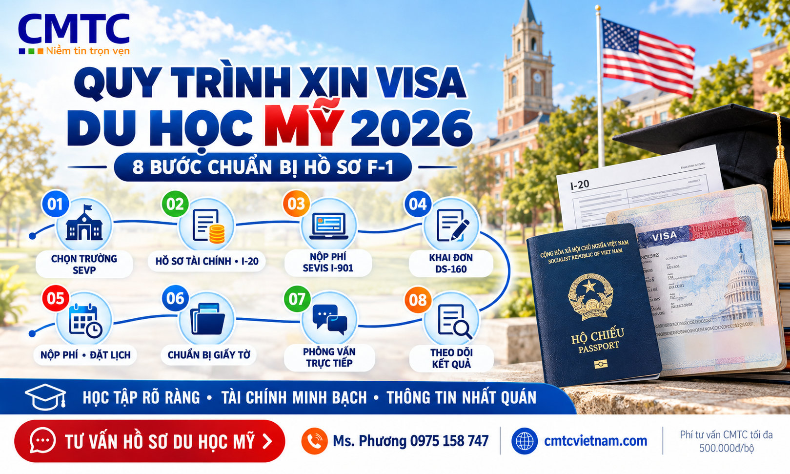 Quy trình xin visa du học Mỹ 2026: Hồ sơ, tài chính và phỏng vấn từ A đến Z