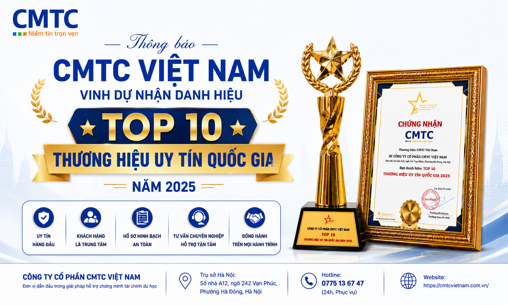 CMTC Việt Nam vinh dự nhận danh hiệu “Top 10 Thương Hiệu Uy Tín Quốc Gia Năm 2025”