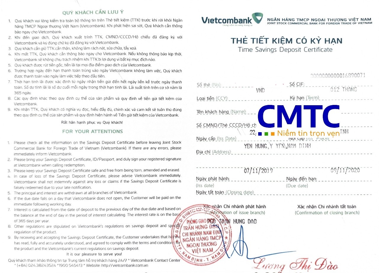 Mẫu sổ tiết kiệm và giấy xác nhận số dư của ngân hàng Vietcombank