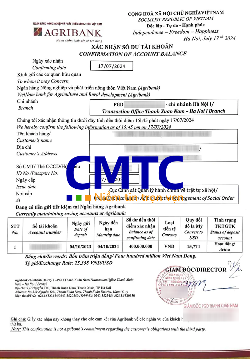 Mẫu giấy xác nhận số dư tiền gửi của ngân hàng AgriBank