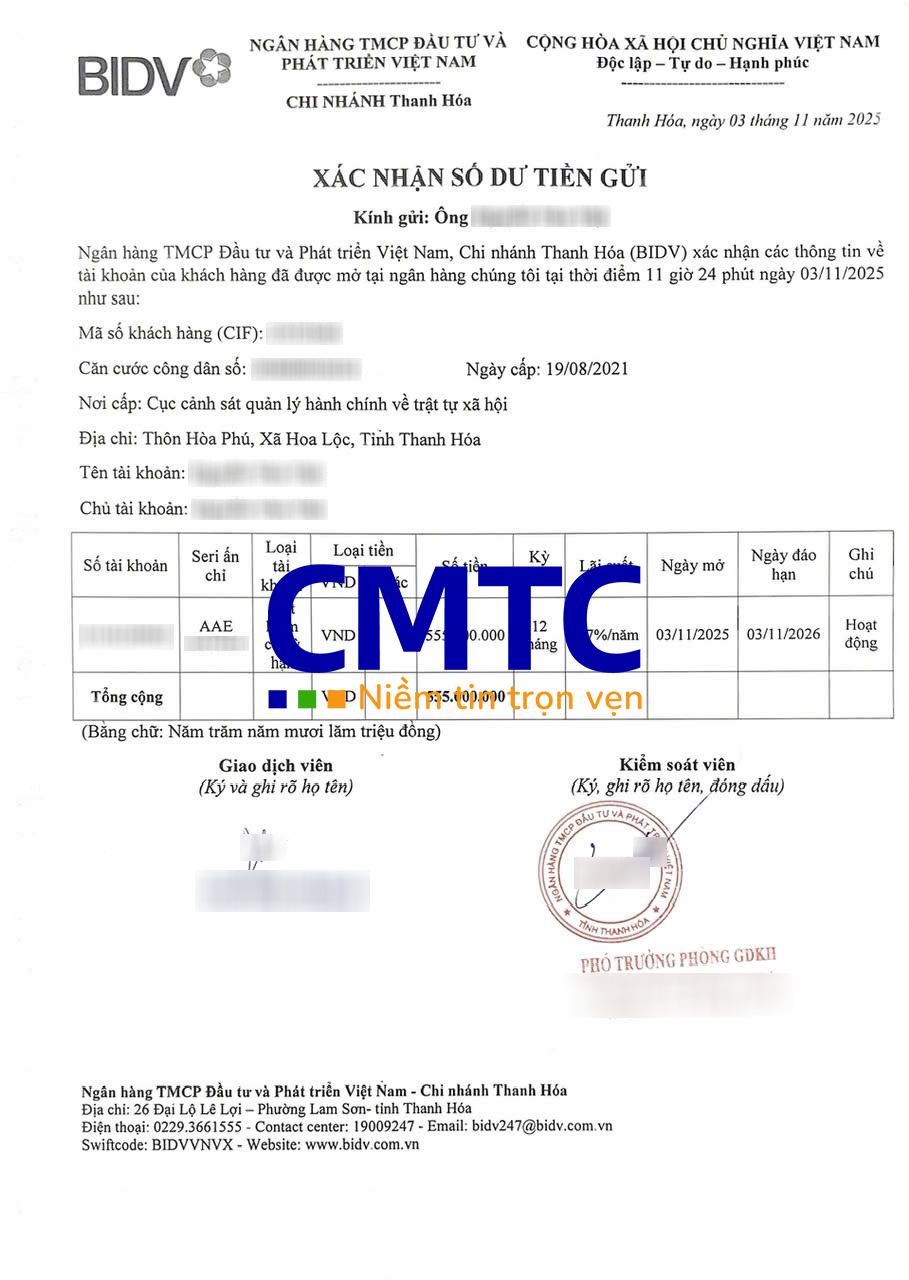 Giấy xác nhận số dư ngân hàng BIDV