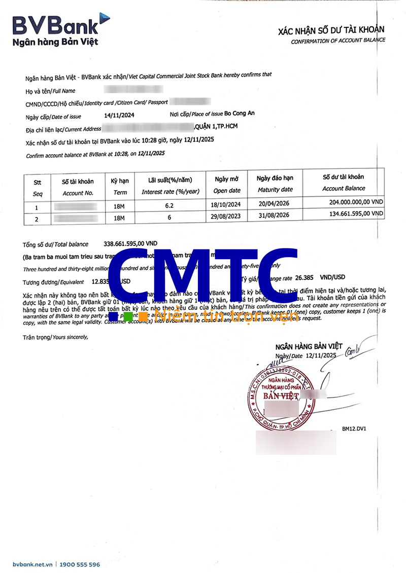 Giấy xác nhận số dư ngân hàng BV Bank