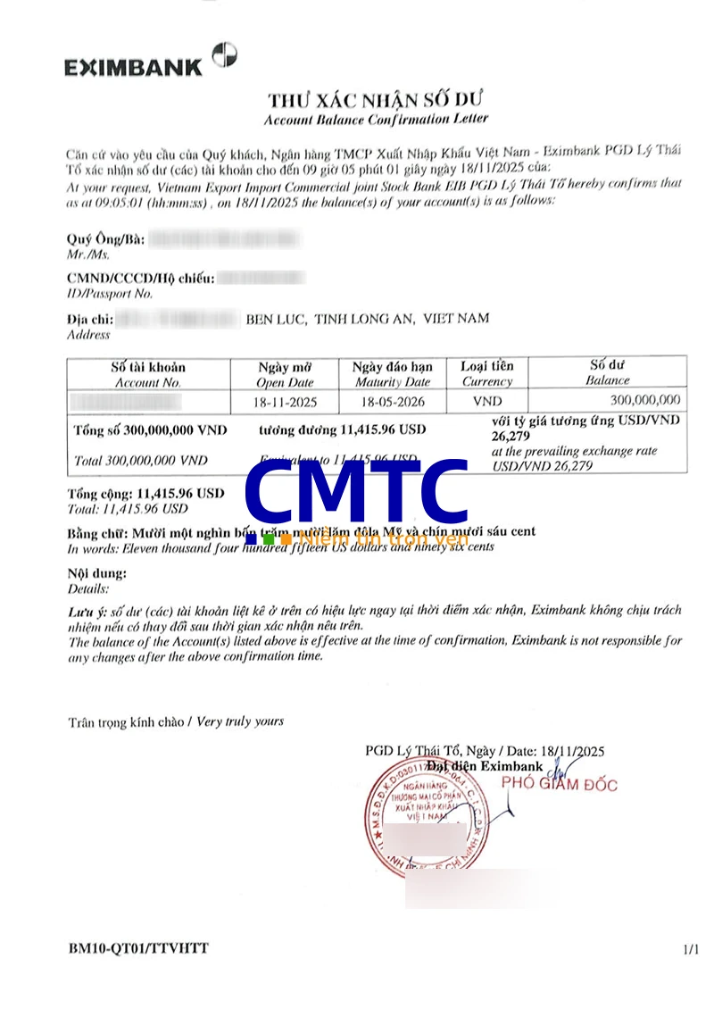 Giấy xác nhận số dư ngân hàng Eximbank