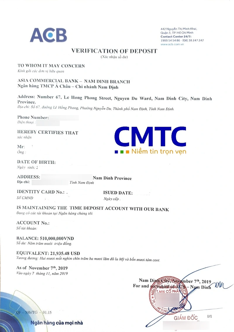 Giấy xác nhận số dư ngân hàng ACB (bản song ngữ)