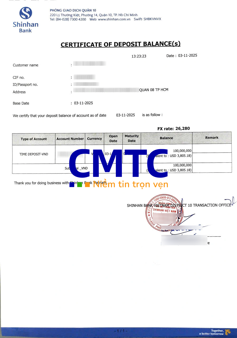 Giấy xác nhận số dư ngân hàng Shinhan Bank