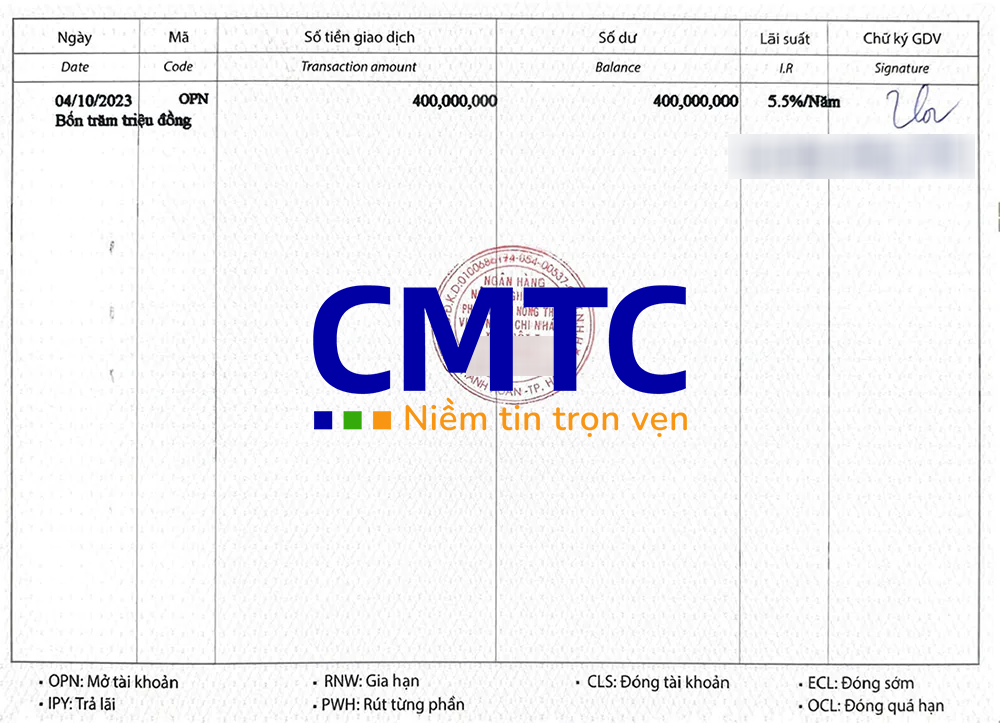 Mặt bên trong của sổ tiết kiệm ngân hàng AgriBank