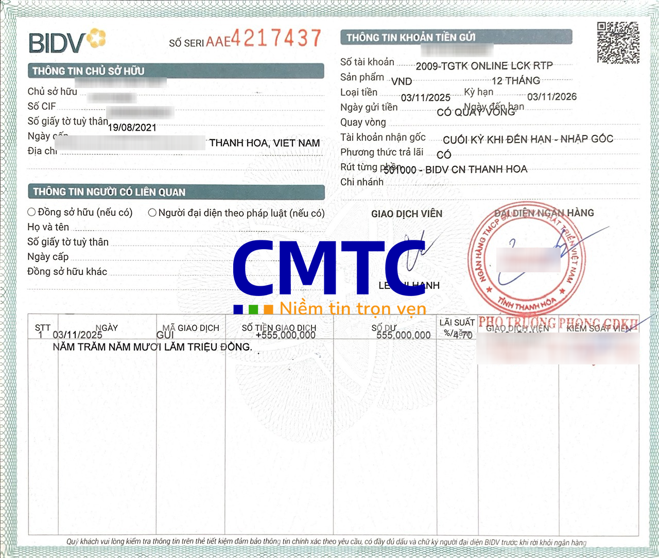 Mặt sau sổ tiết kiệm BIDV 