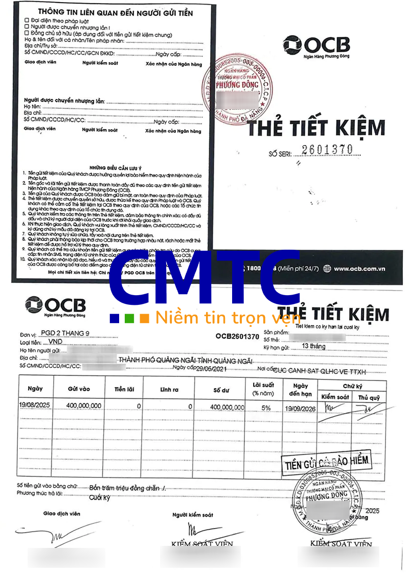 Sổ tiết kiệm sao y công chứng ngân hàng OCB