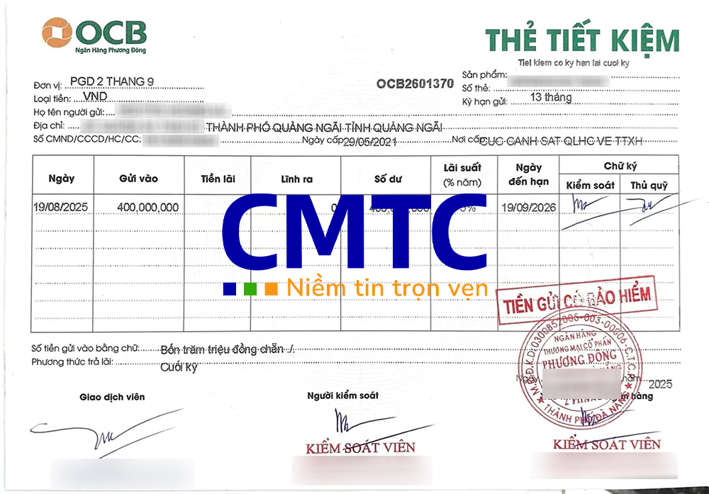 Mặt sau sổ tiết kiệm ngân hàng OCB