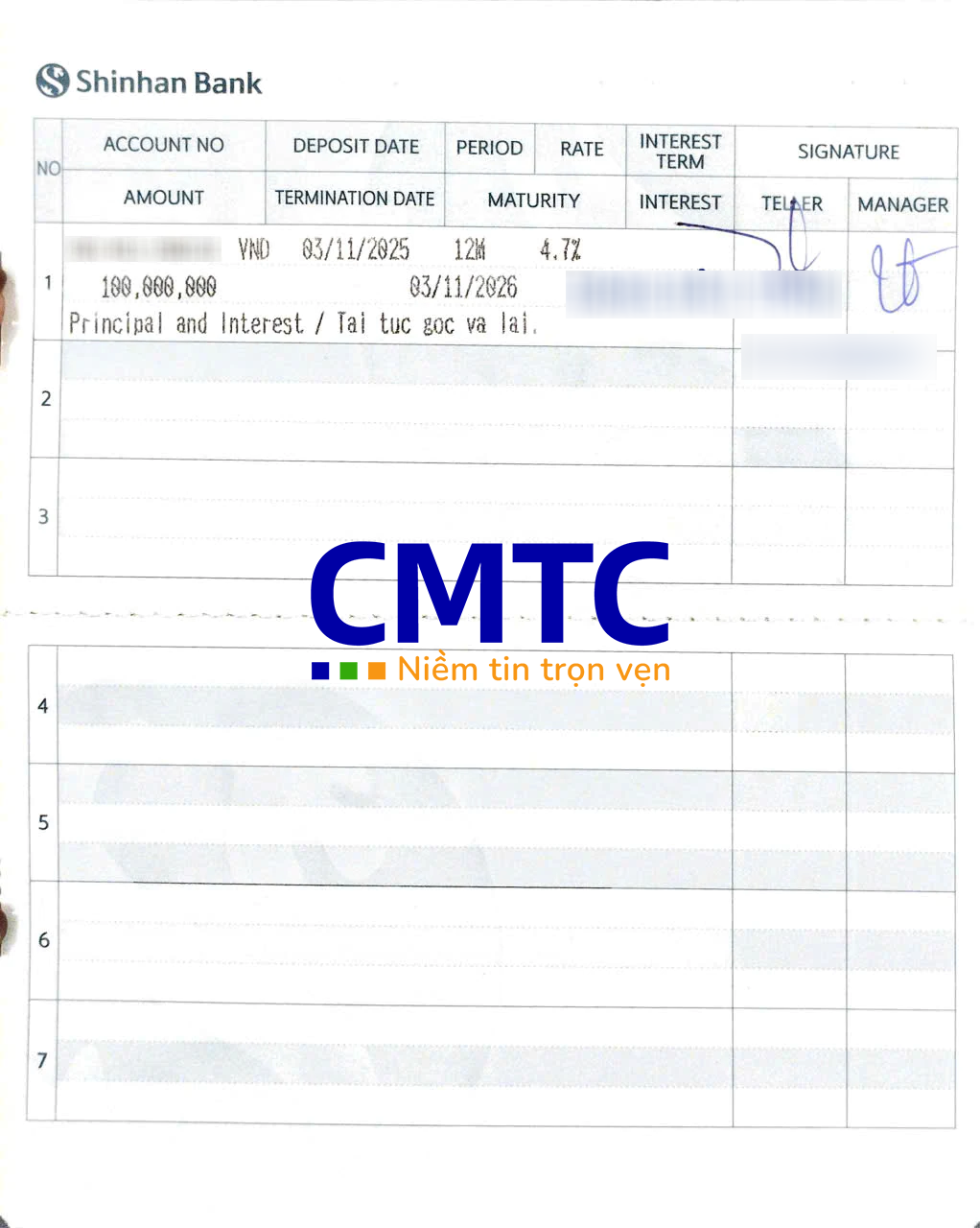 Mặt trong sổ tiết kiệm Shinhan Bank