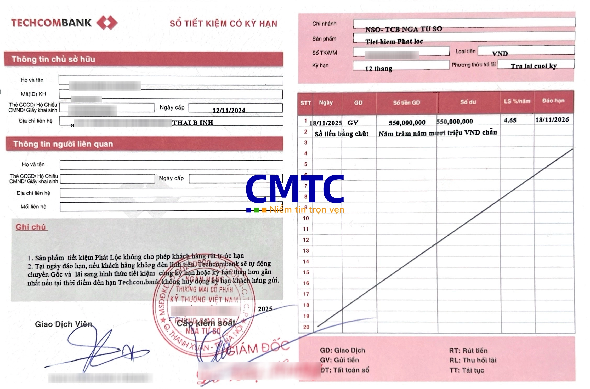 Sổ tiết kiệm mặt sau ngân hàng Techcombank
