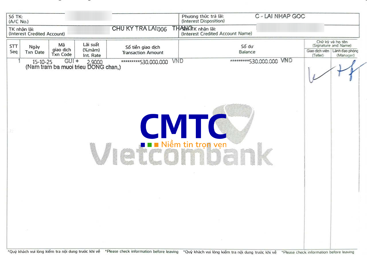 Sổ tiết kiệm mặt sau ngân hàng Vietcombank