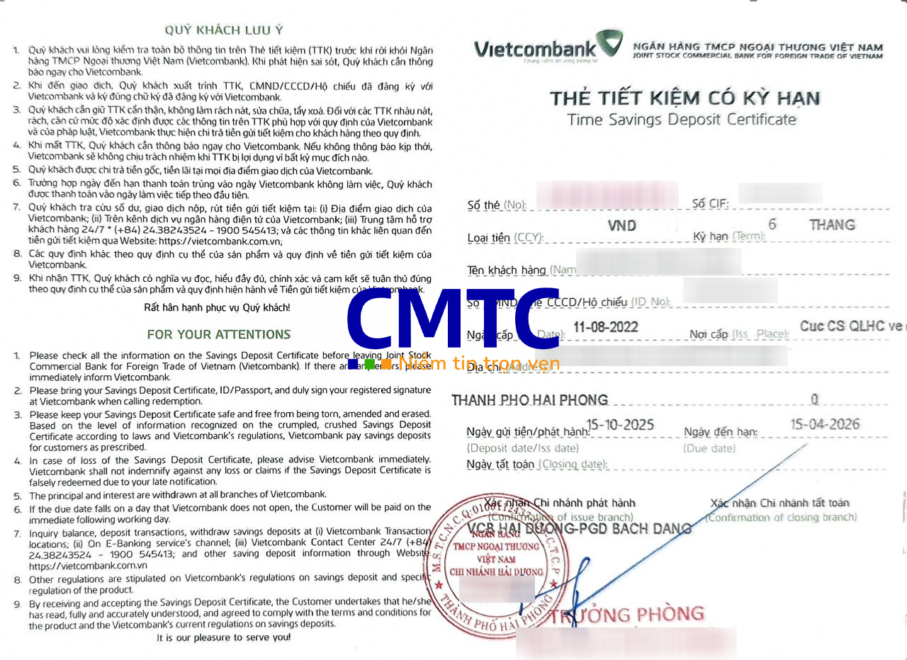 Mặt trước sổ tiết kiệm ngân hàng Vietcombank