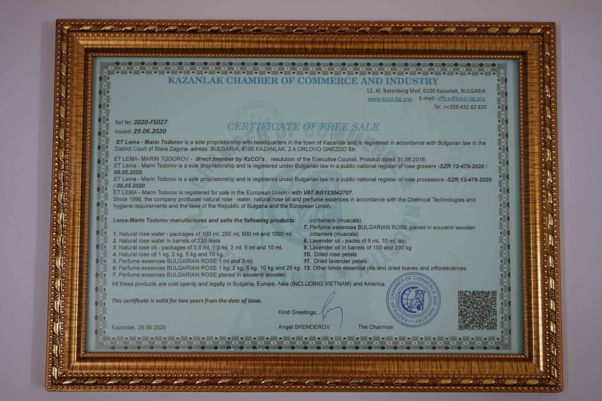 giấy phép lưu hành tự do nước hoa hồng