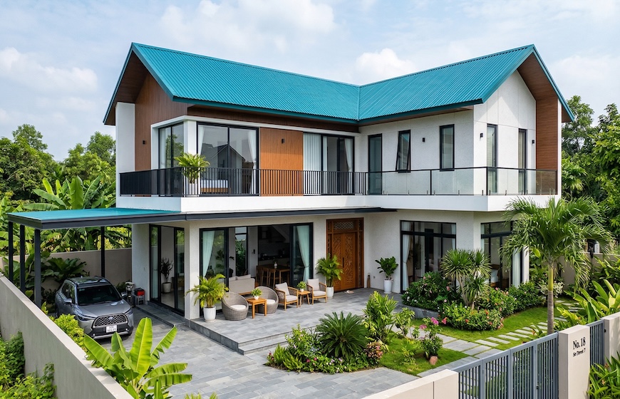 Ngôi nhà xanh mát với tôn cách nhiệt Vitek 11 sóng xanh ngọc