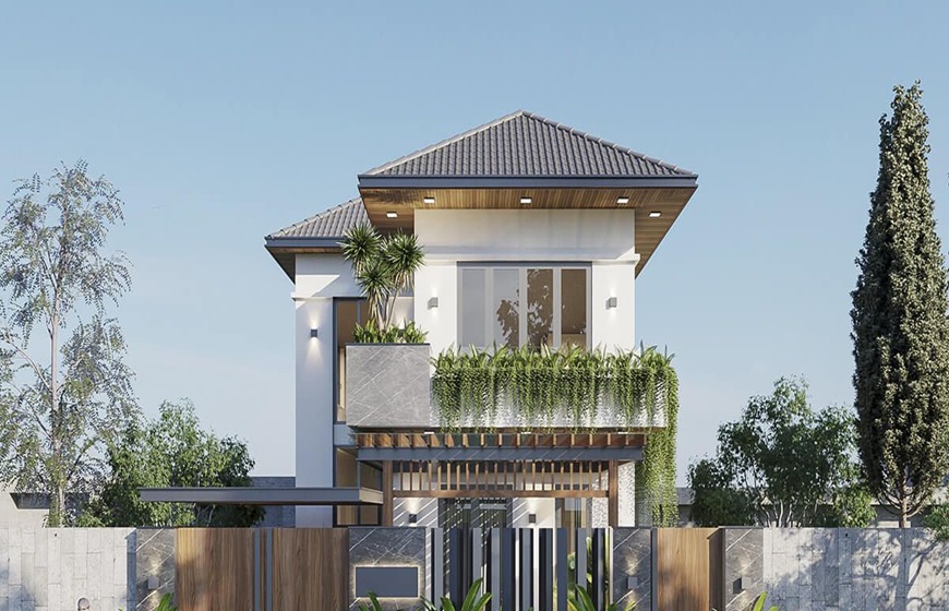 Trang trí mặt tiền nhà mái thái 2 tầng ấn tượng