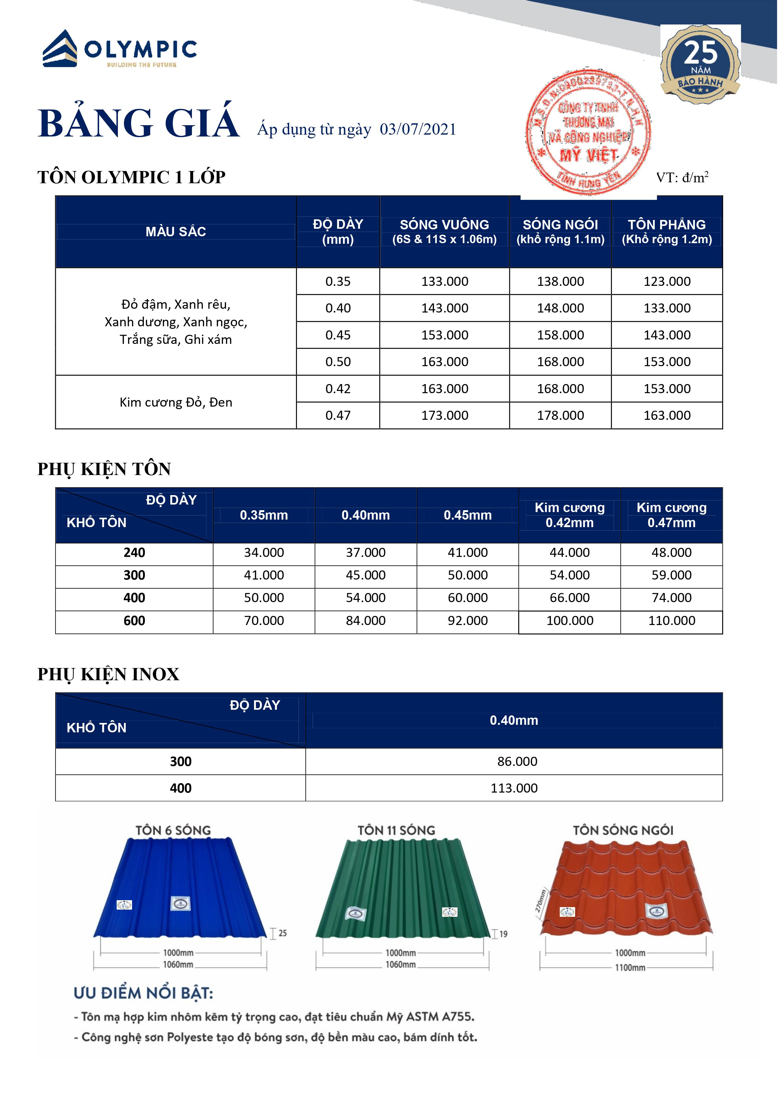 Bảng giá tôn Olympic 1 lớp