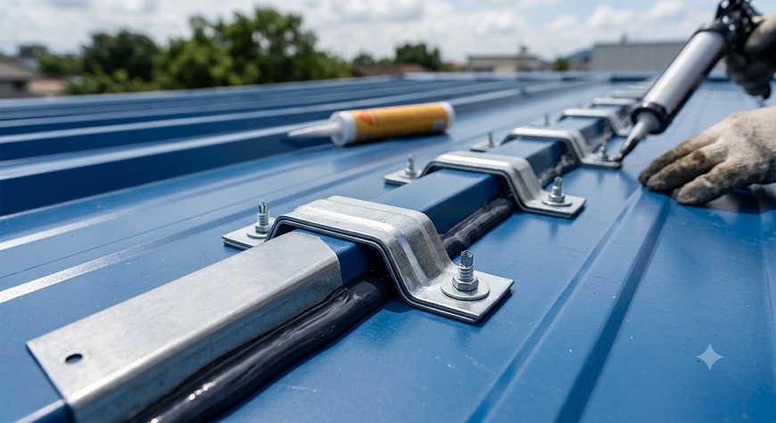 Sử dụng đai kẹp tôn cho những đoạn tôn bị trũng, nước mưa tràn qua khi mưa lớn