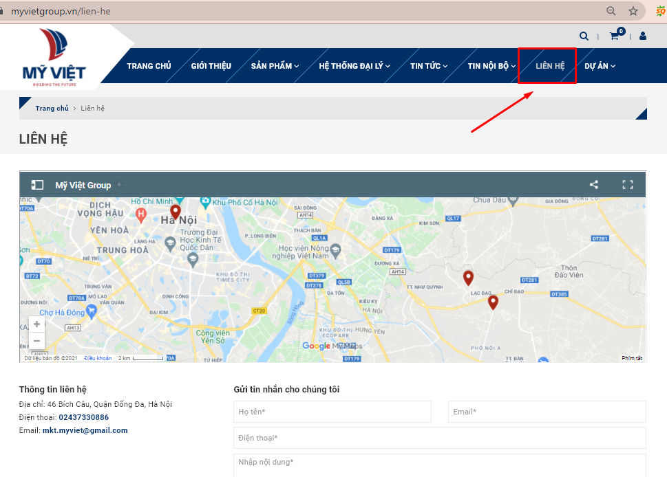 Click vào nút LIÊN HỆ trên website Myvietgroup.vn để hiện bản đồ địa chỉ công ty Mỹ Việt