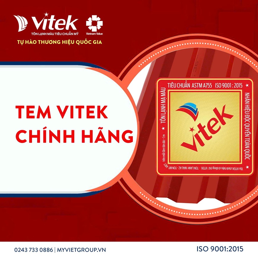 Tem dán trên bề mặt tôn Vitek chính hãng đang lưu hành 