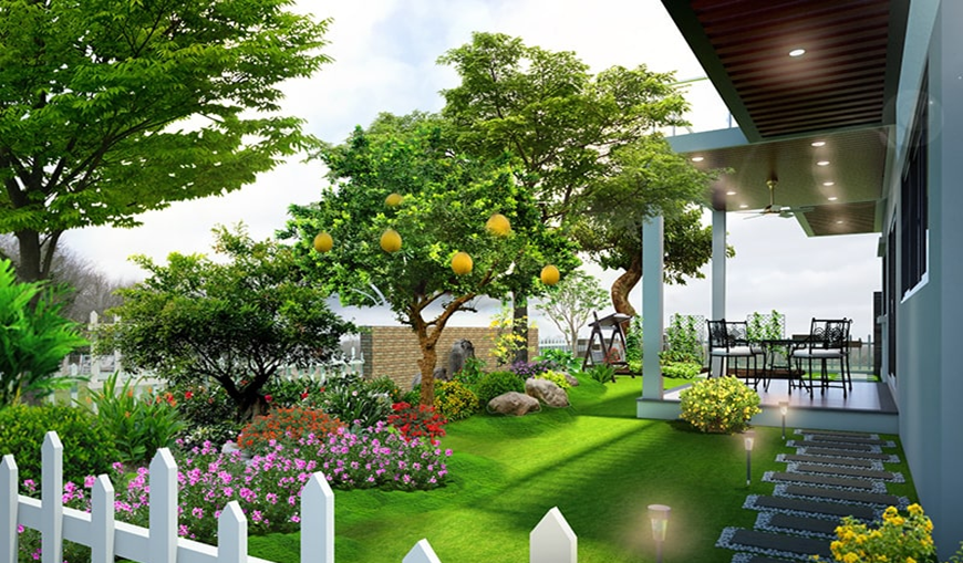 Không gian thư giãn xanh mát và ấm cúng dưới mái hiên, điểm nhấn sáng tạo cho công trình