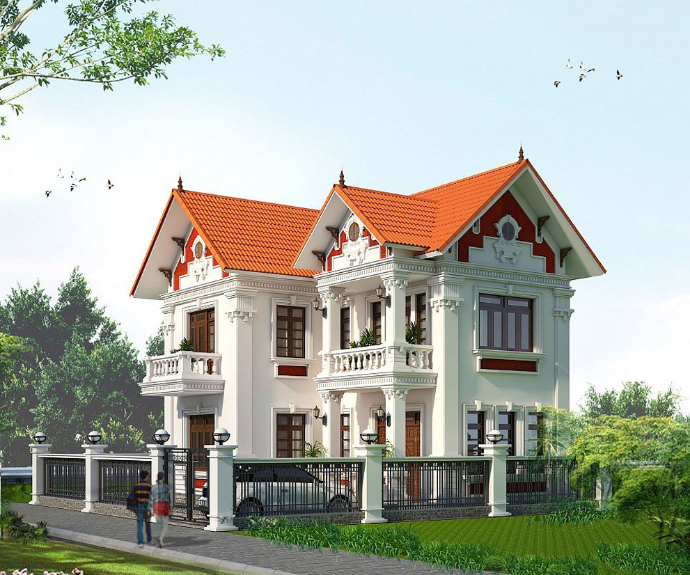 Mẫu nhà 2 tầng mái thái có kiến trúc biệt thự nhà vườn