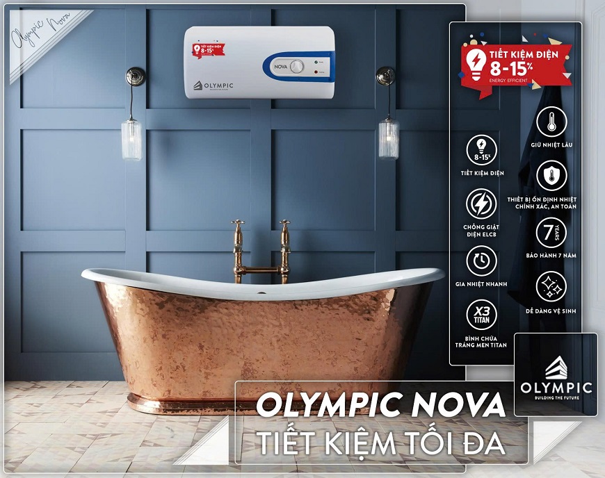 Bình nóng lạnh Olympic Nova với ưu điểm nổi trội là tiết kiệm điện từ 8-15% so với các thiết bị cùng làm nóng khác