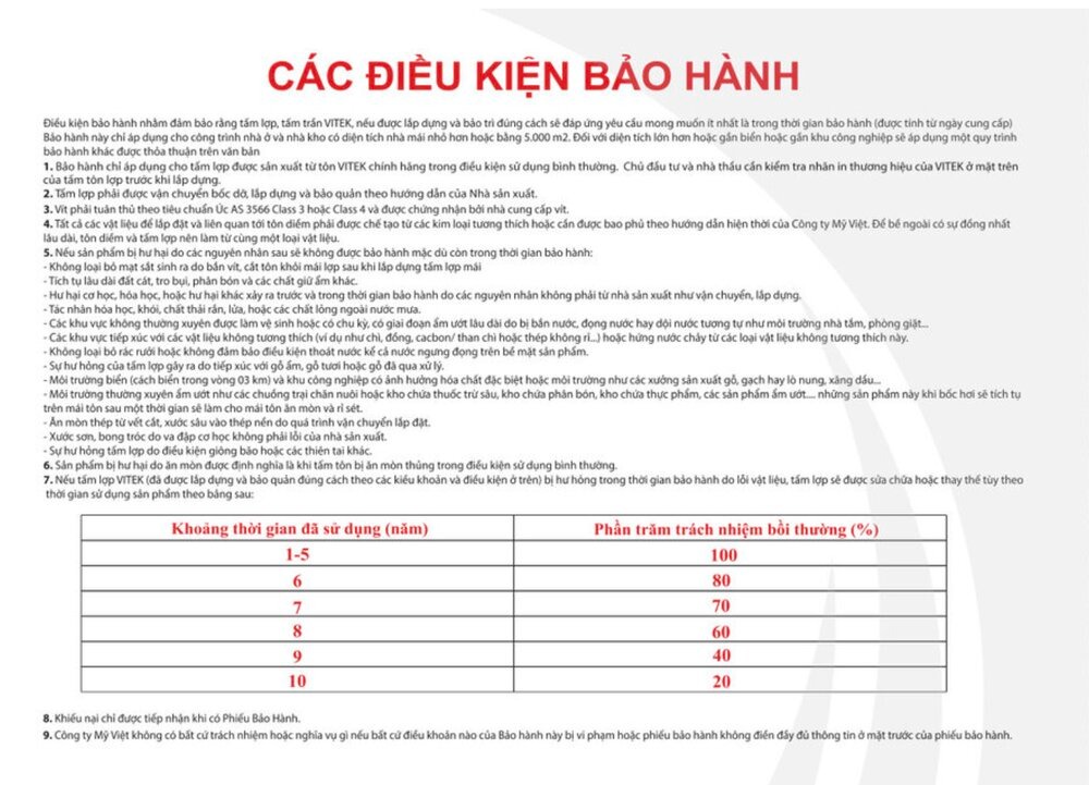 Mặt sau phiếu bảo hành tôn Vitek
