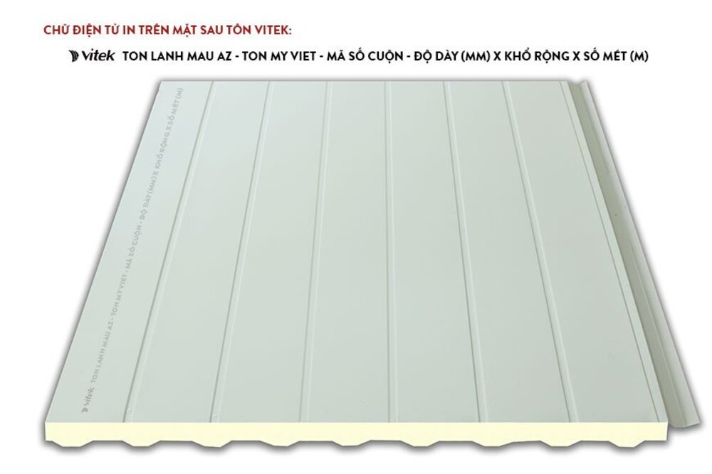 Nhận biết bằng chữ điện tử in trên bề mặt sau của tôn Vitek