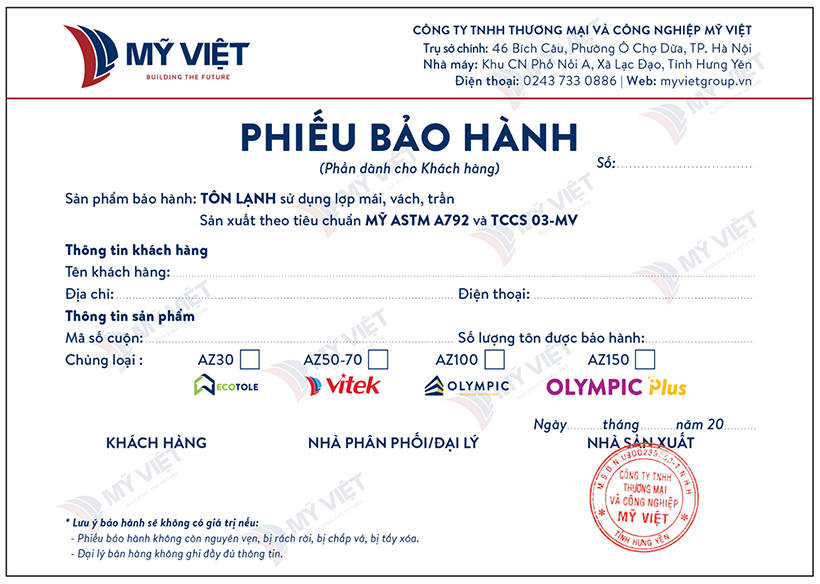 Sản phẩm tôn Olympic có chính sách bảo hành dài hạn lên đến 35 năm và bảo hành màu sơn 10 năm