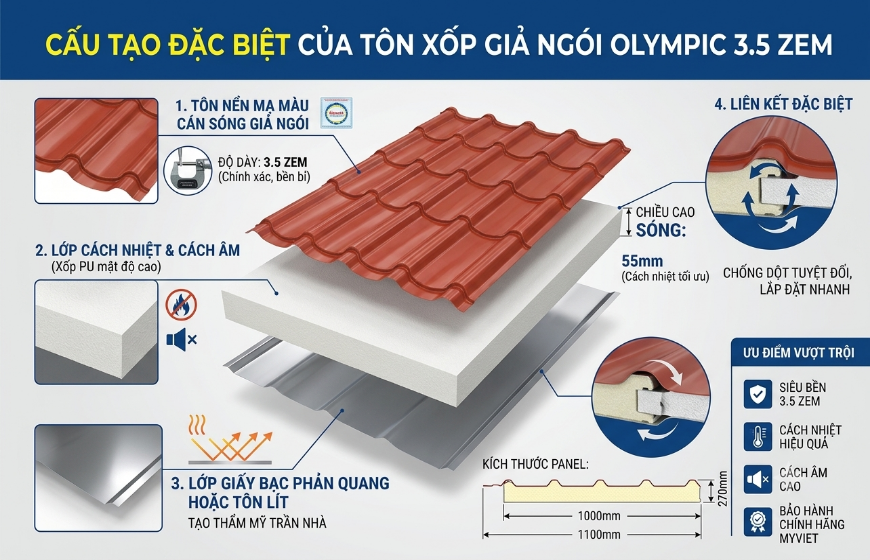 Tôn Olympic 3.5 zem giả ngói được cấu tạo bởi 3 lớp bền bỉ không chỉ tạo nên thẩm mỹ mà còn giúp không gian sống cân bằng nhiệt độ hiệu quả