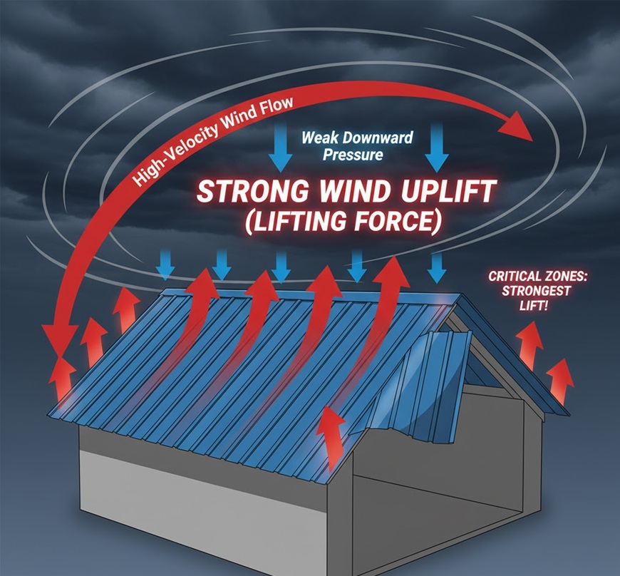 Mái tôn thường bị tốc là do lực hút (lực nâng) từ gió bão, chứ không phải do gió thổi trực tiếp từ trên xuống