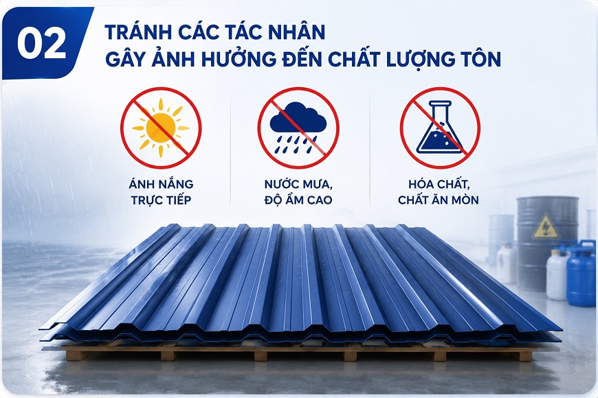 Ngay cả khi được bảo quản trong nhà kho, tôn vẫn có thể bị suy giảm chất lượng nếu tiếp xúc với các tác nhân không phù hợp