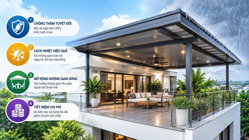 Mái tôn sân thượng giúp chống thấm, cách nhiệt và mở rộng không gian sử dụng 