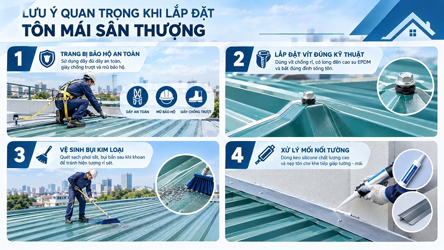 Những lưu ý quan trọng giúp lắp đặt tôn mái sân thượng đúng kỹ thuật và hạn chế thấm dột
