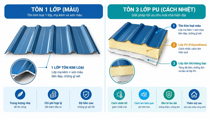 Để mái tôn sân thượng phát huy tối đa hiệu quả chống thấm và chịu được thời tiết khắc nghiệt, việc lựa chọn chất liệu tôn đóng vai trò rất quan trọng