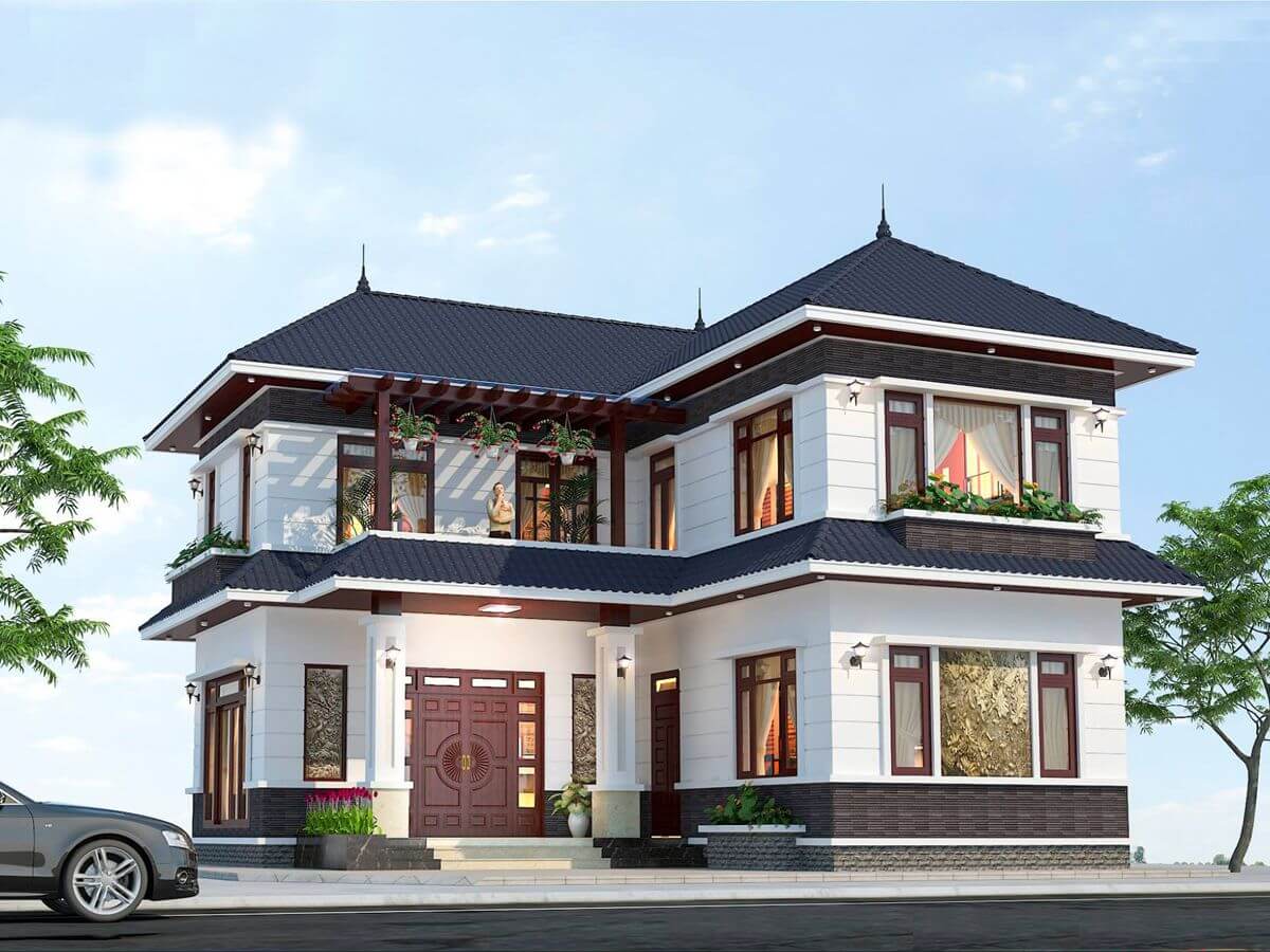 Thiết kế nhà 2 tầng chữ L mái thái mang đến một vẻ đẹp nhẹ nhàng, thân thuộc 