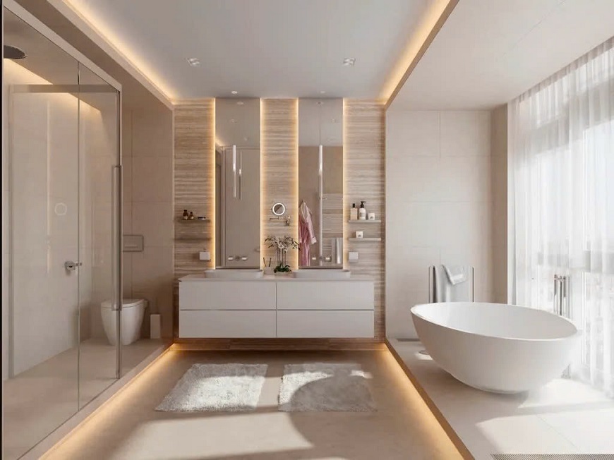 Mẫu nhà tắm kính này thích hợp cho những ai yêu thích phong cách nội thất sang trọng, cao cấp và có không gian tắm rộng