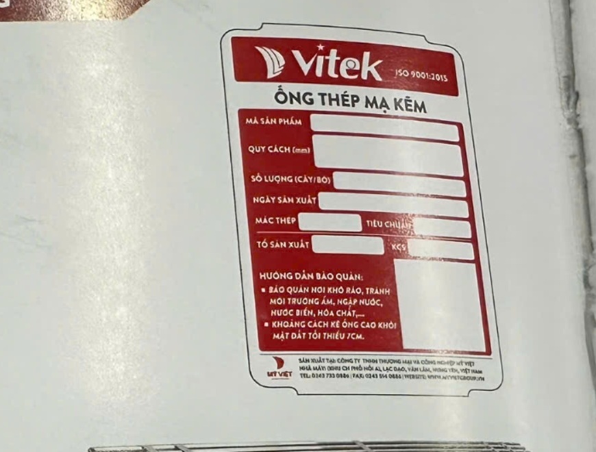 Nội dung trên tem nhãn của bó ống thép mạ kẽm Vitek