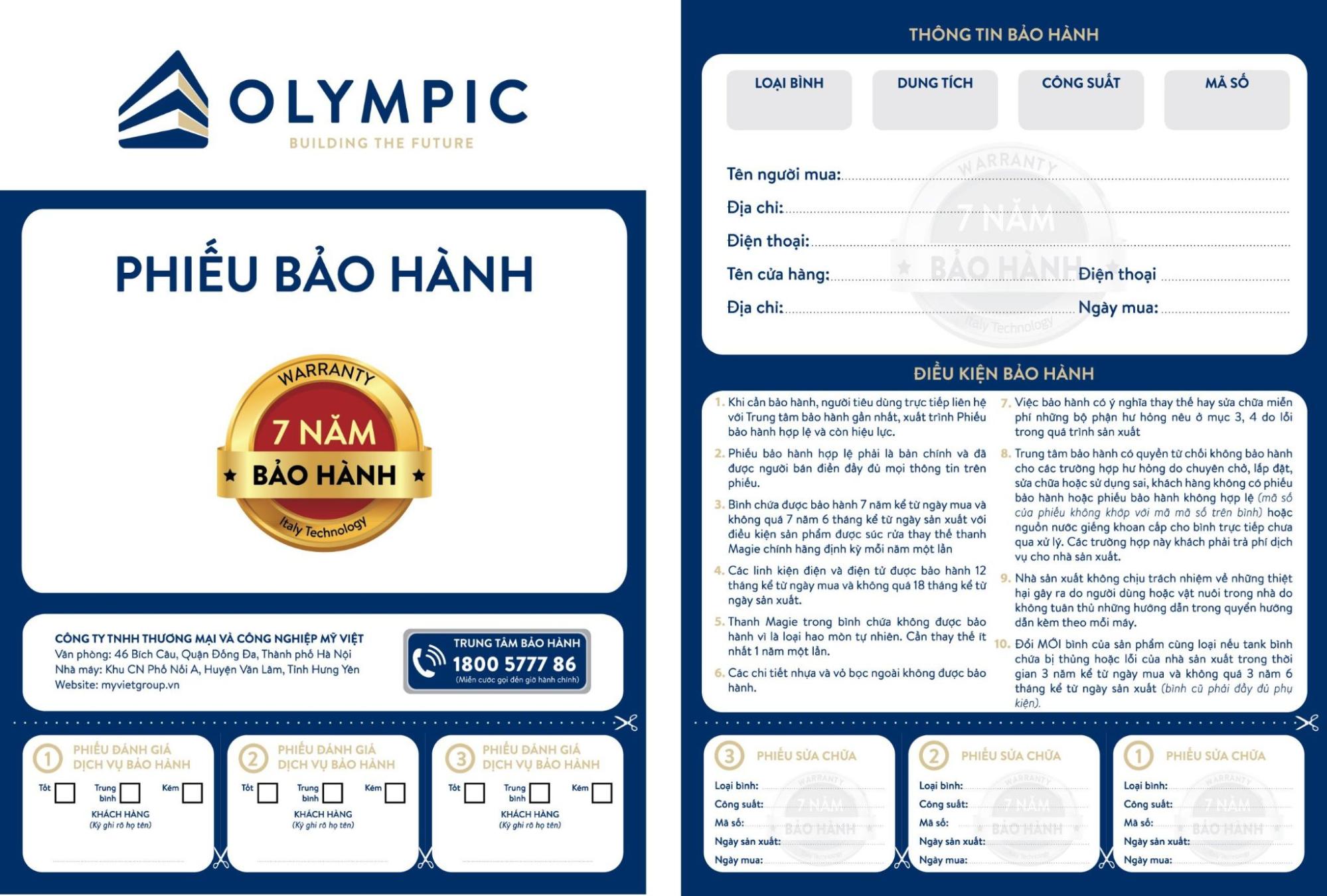 Phiếu bảo hành bình nóng lạnh Olympic