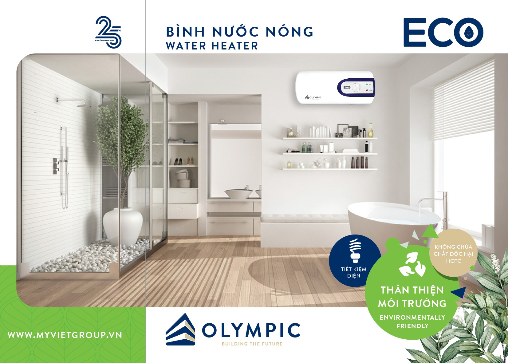 Bình nóng lạnh Olympic Eco với phòng tắm kính 135 độ