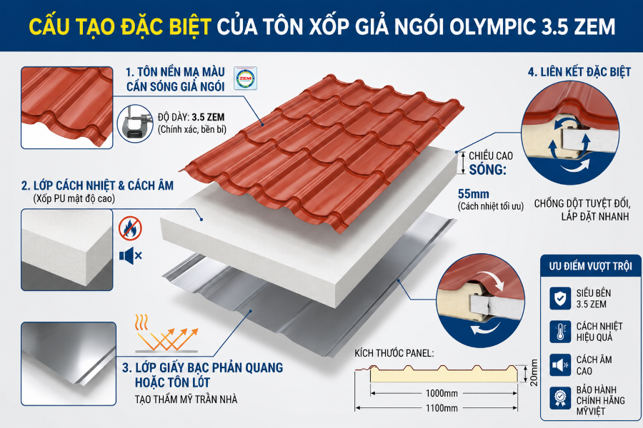 Tôn Olympic 3.5 zem giả ngói được cấu tạo bởi 3 lớp bền bỉ không chỉ tạo nên thẩm mỹ mà còn giúp không gian sống cân bằng nhiệt độ hiệu quả