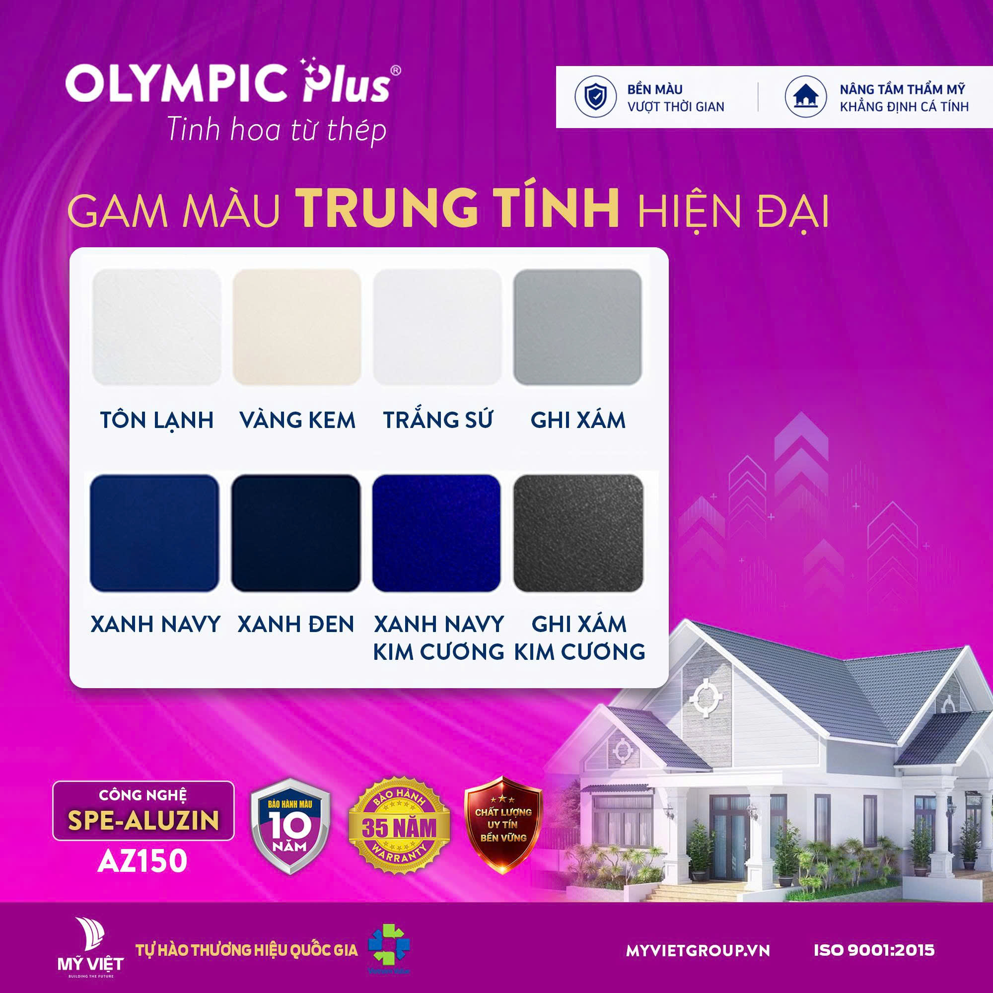 Tôn Olympic Plus sở hữu đa dạng các gam màu hiện đại, độc đáo