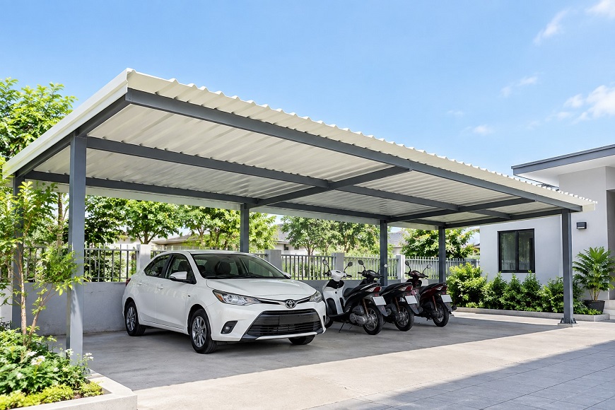 Nhà để xe lợp tôn 1 lớp Olympic Plus mang đến giải pháp che chắn hiệu quả, bền đẹp và thuận tiện thi công cho không gian gia đình