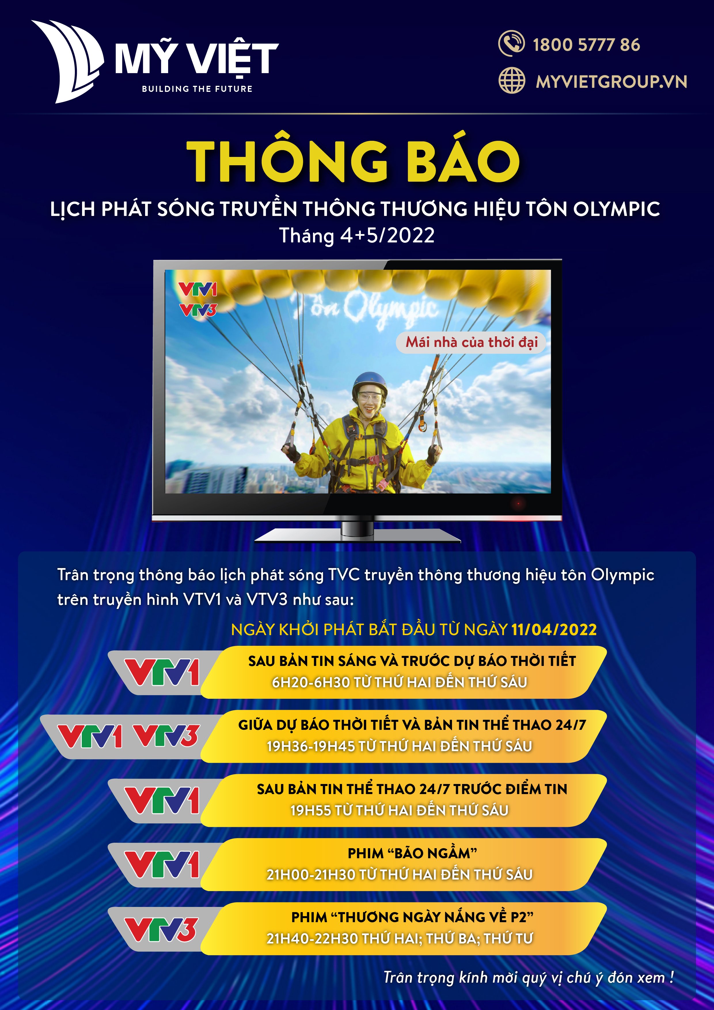 Lịch phát sóng TVC Tôn Olympic trên Đài truyền hình Việt Nam