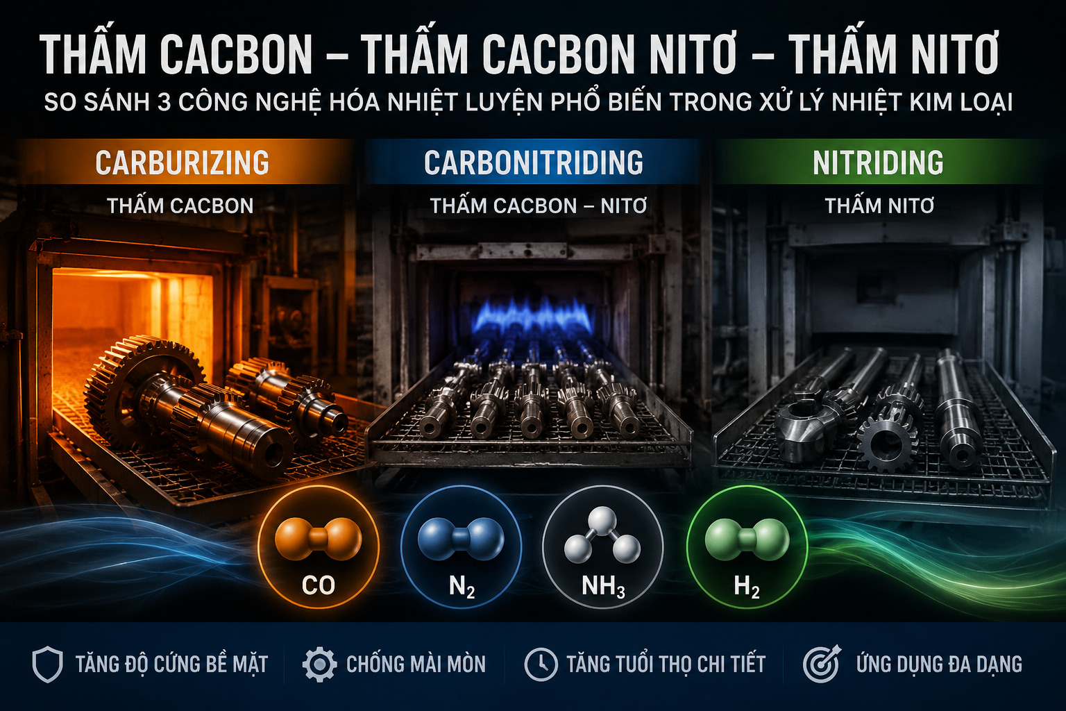 Thấm cacbon, thấm nitơ và thấm cacbon – nitơ: So sánh 3 công nghệ hóa nhiệt luyện phổ biến trong xử lý nhiệt kim loại