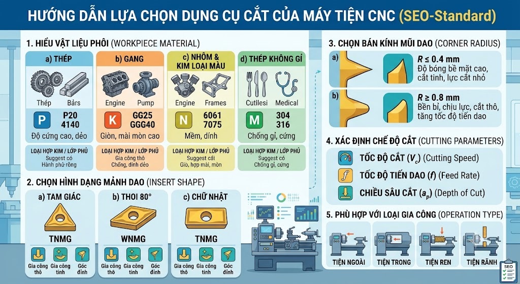 Hướng dẫn lựu chọn dụng cụ cắt của máy tiện cnc