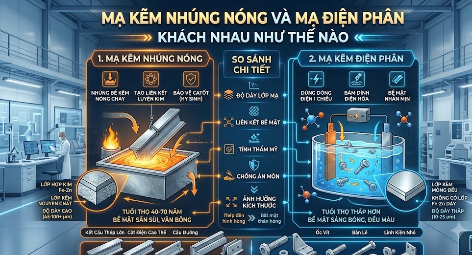So sánh Mạ kẽm nhúng nóng và Mạ kẽm điện phân