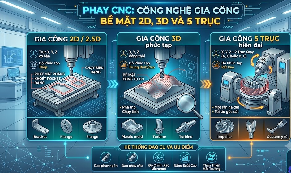 Phay CNC: Công nghệ gia công bề mặt 2D, 3D và 5 trục