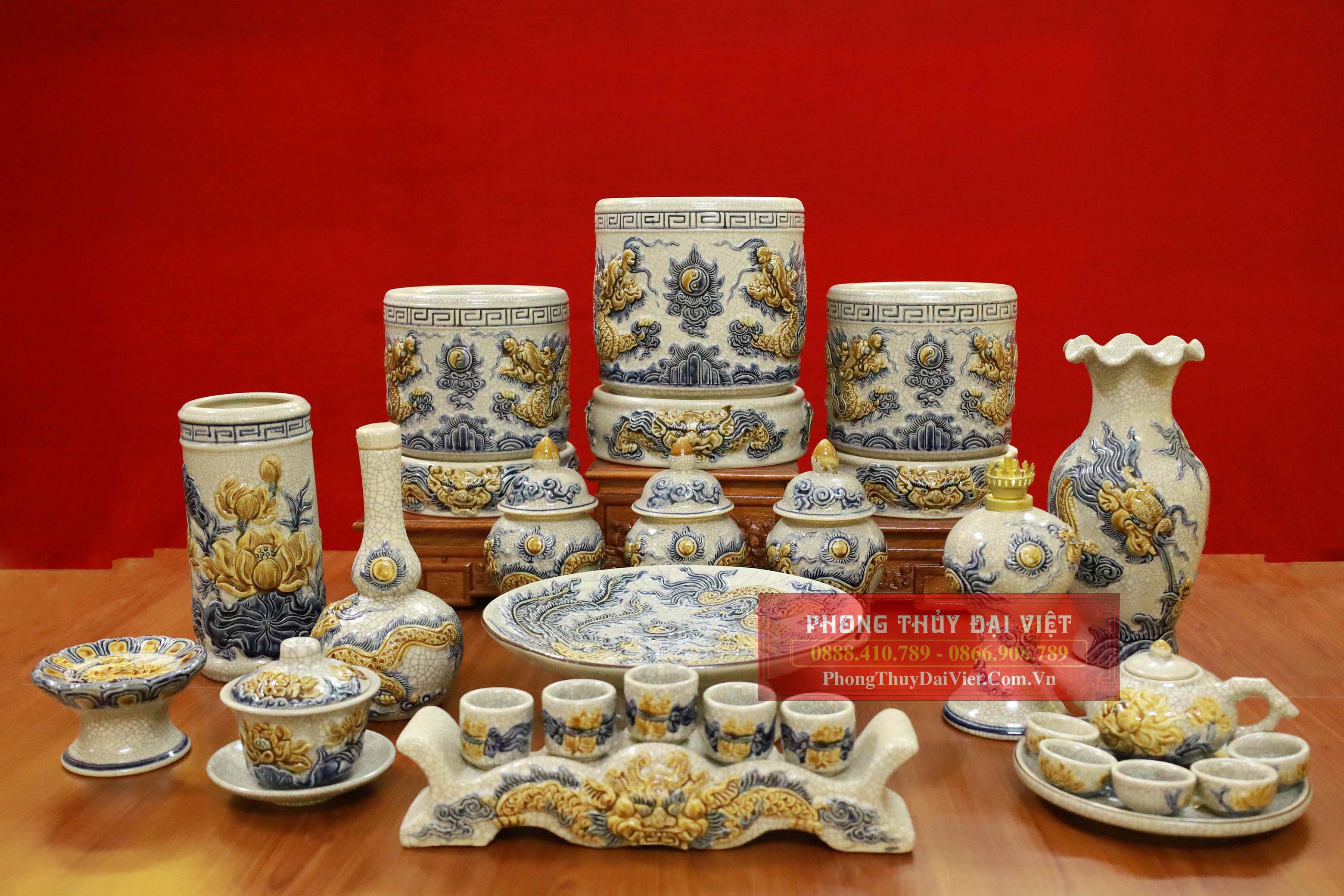 Bộ đồ thờ Bát Tràng men rạn đắp nổi cao cấp